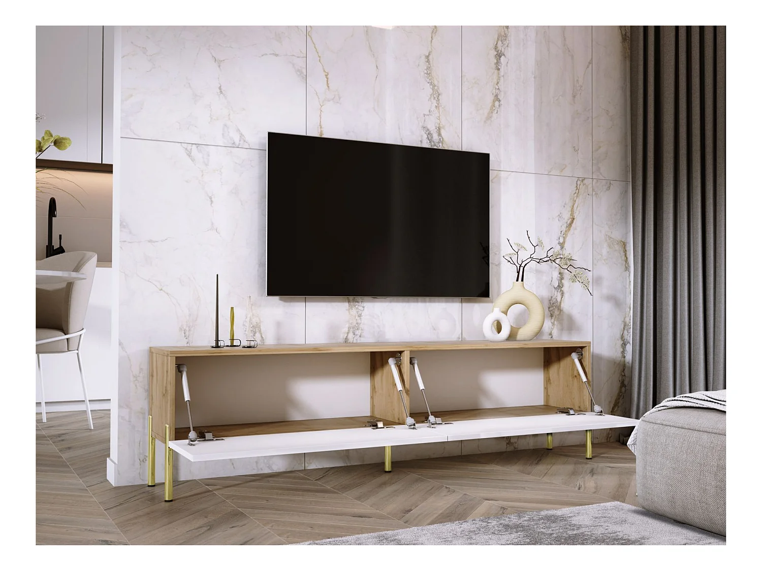 Meuble TV : Chêne Wotan / Blanc Brillant, pieds dorées, 170 x 52 x 32 cm