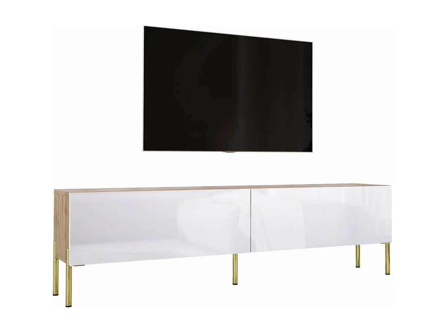 Meuble TV : Chêne Wotan / Blanc Brillant, pieds dorées, 170 x 52 x 32 cm