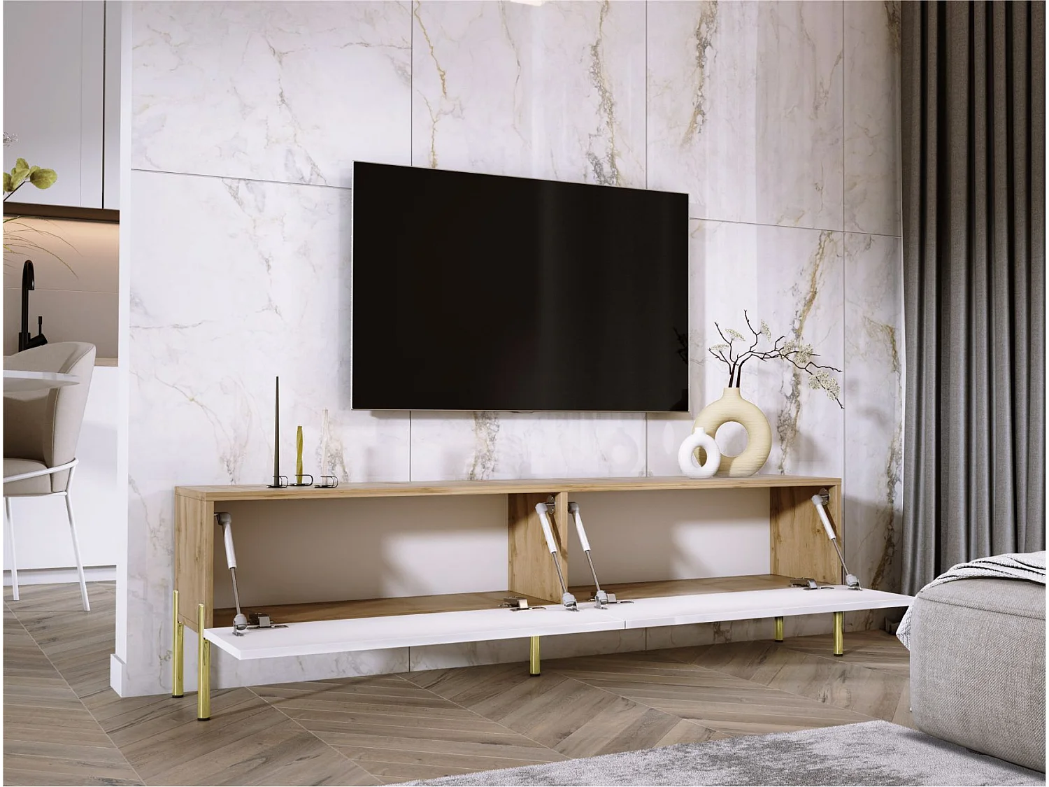 Meuble TV : Chêne Wotan / Blanc Brillant, pieds dorées, 170 x 52 x 32 cm