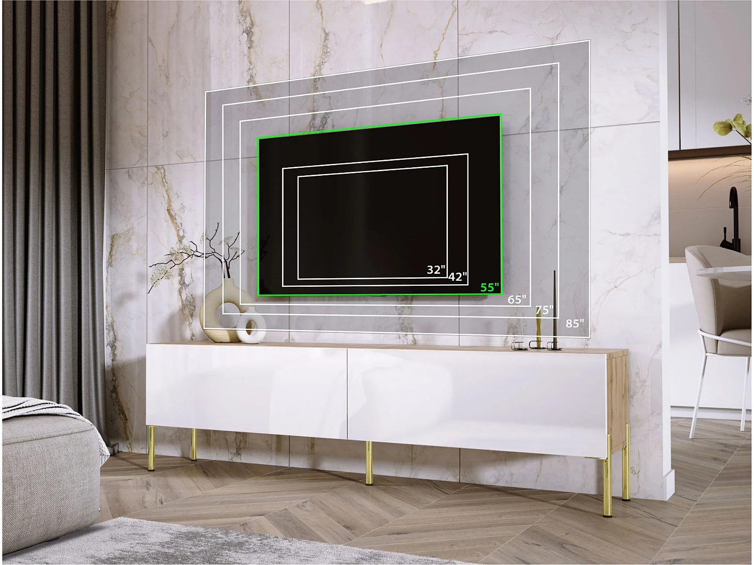 Meuble TV : Chêne Wotan / Blanc Brillant, pieds dorées, 170 x 52 x 32 cm