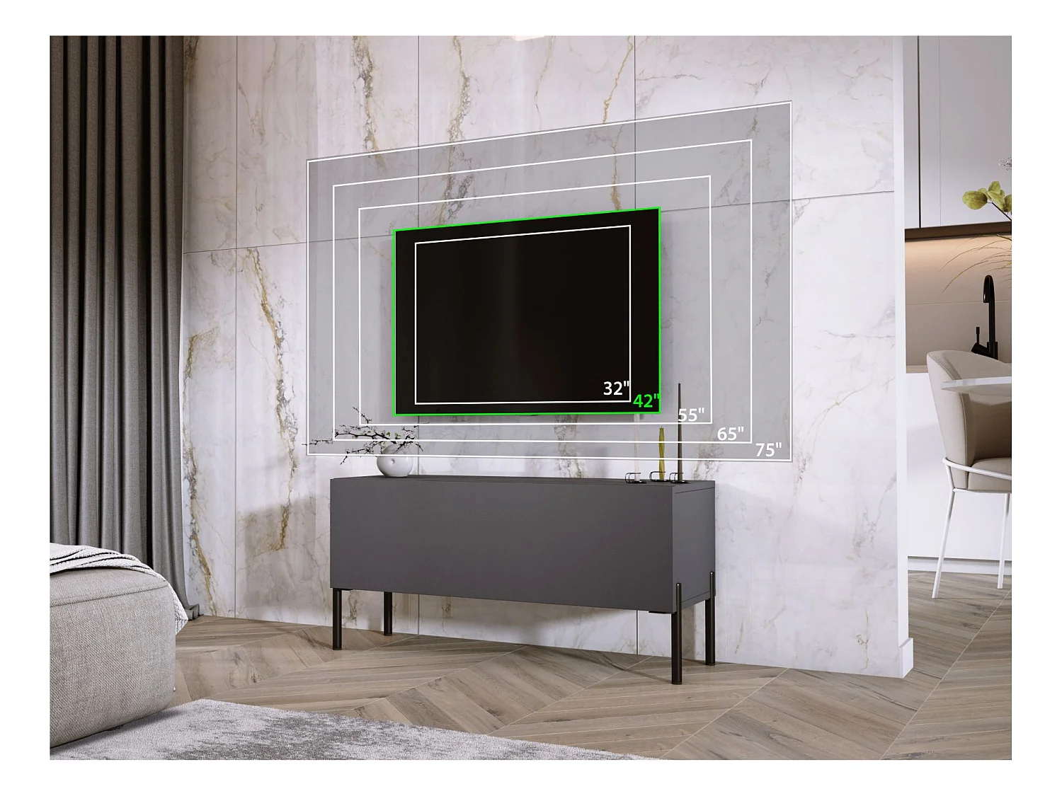 Meuble TV Anthracite, pieds noires, 100 x 52 x 32 cm