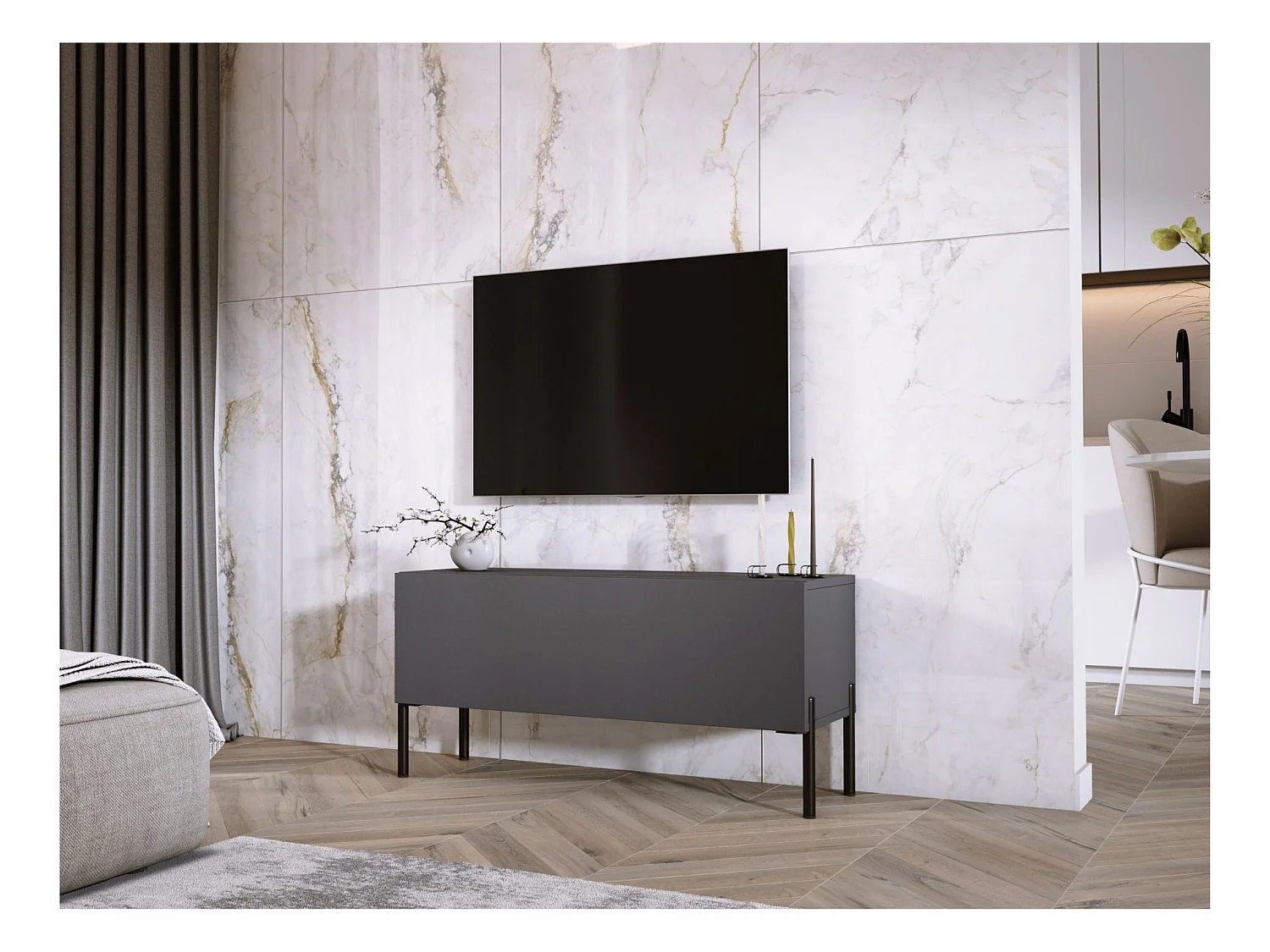 Meuble TV Anthracite, pieds noires, 100 x 52 x 32 cm