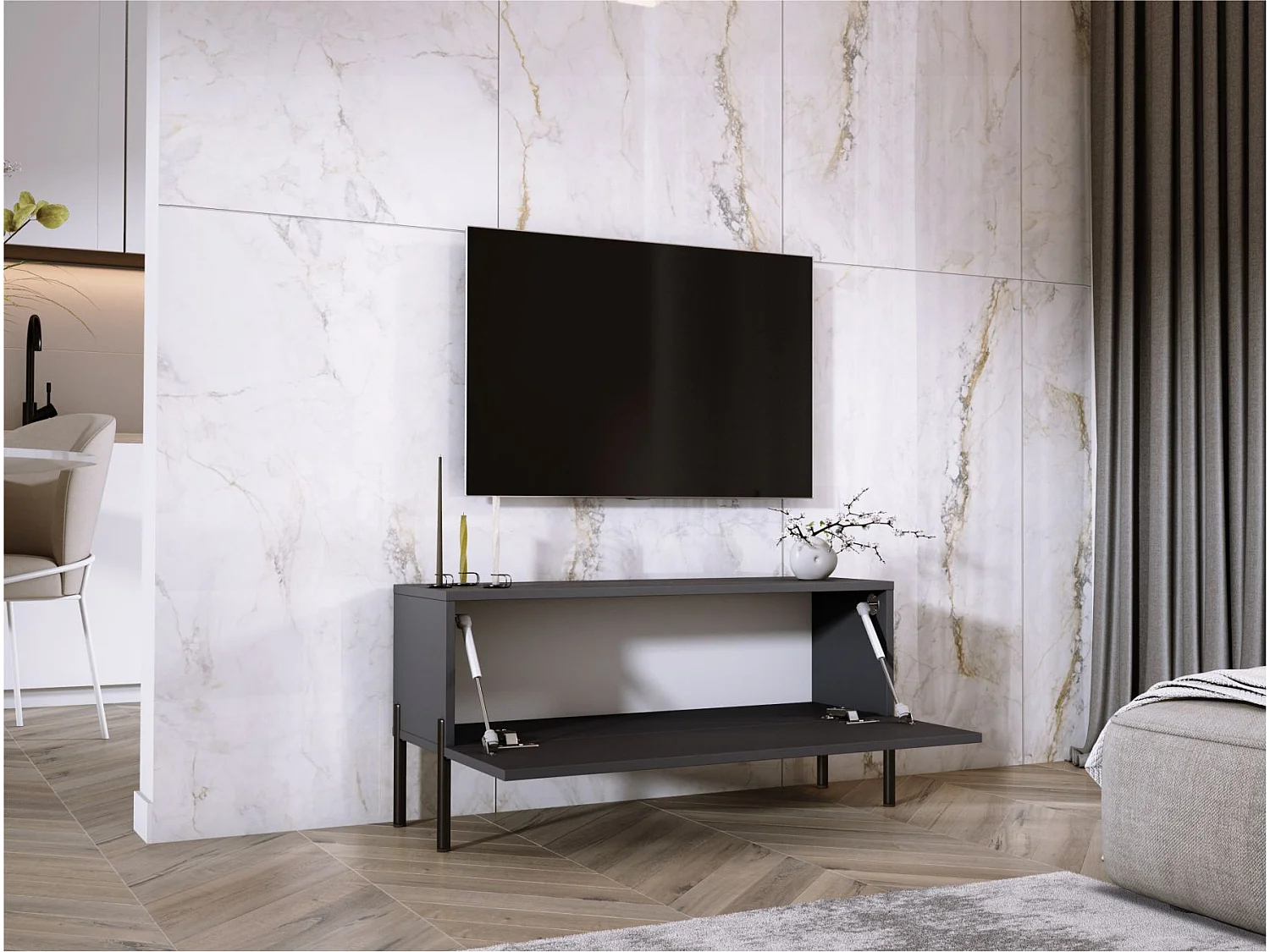 Meuble TV Anthracite, pieds noires, 100 x 52 x 32 cm