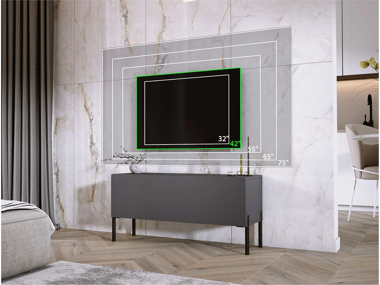 Meuble TV Anthracite, pieds noires, 100 x 52 x 32 cm