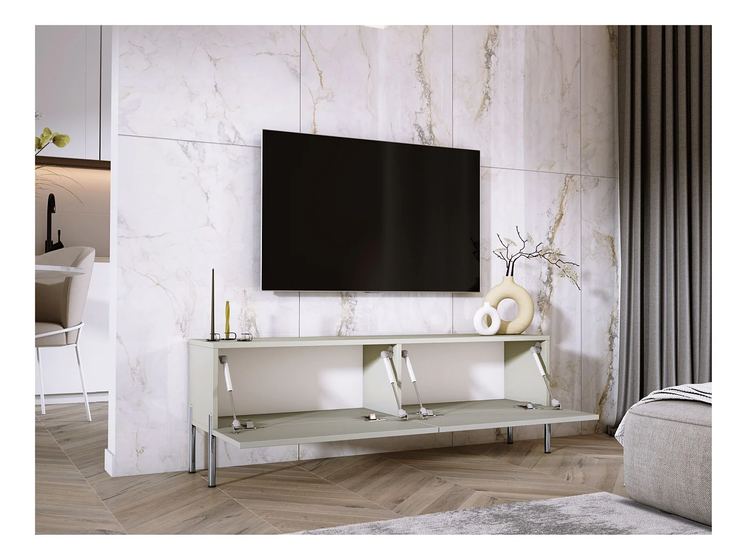 Szafka RTV: Kaszmir, Chromowane nogi, 140 x 52 x 32 cm