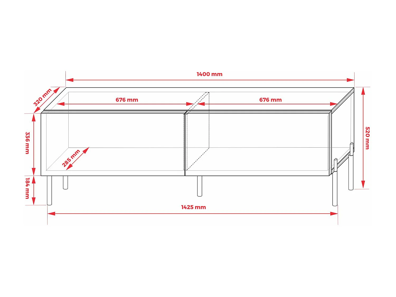 TV-Schrank: Kaschmir, Chrombeine, 140 x 52 x 32 cm