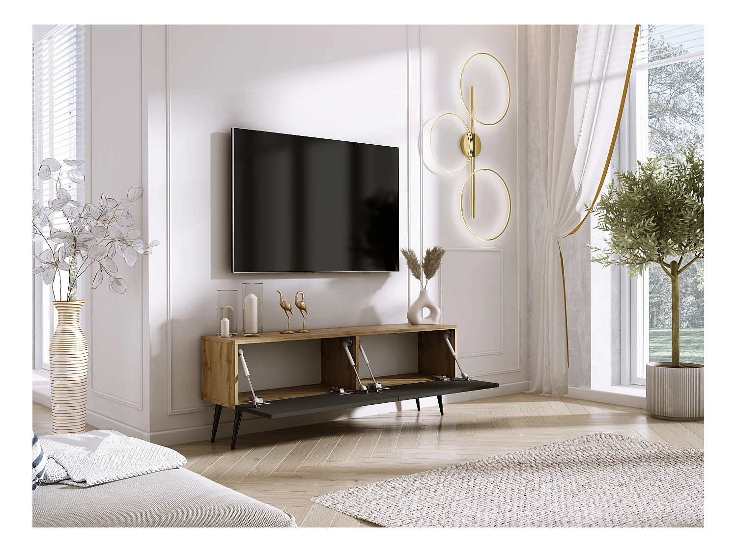 TV-Schrank: Wotan-Eiche / Mattschwarz, schwarze Beine, 140 x 52 x 32 cm