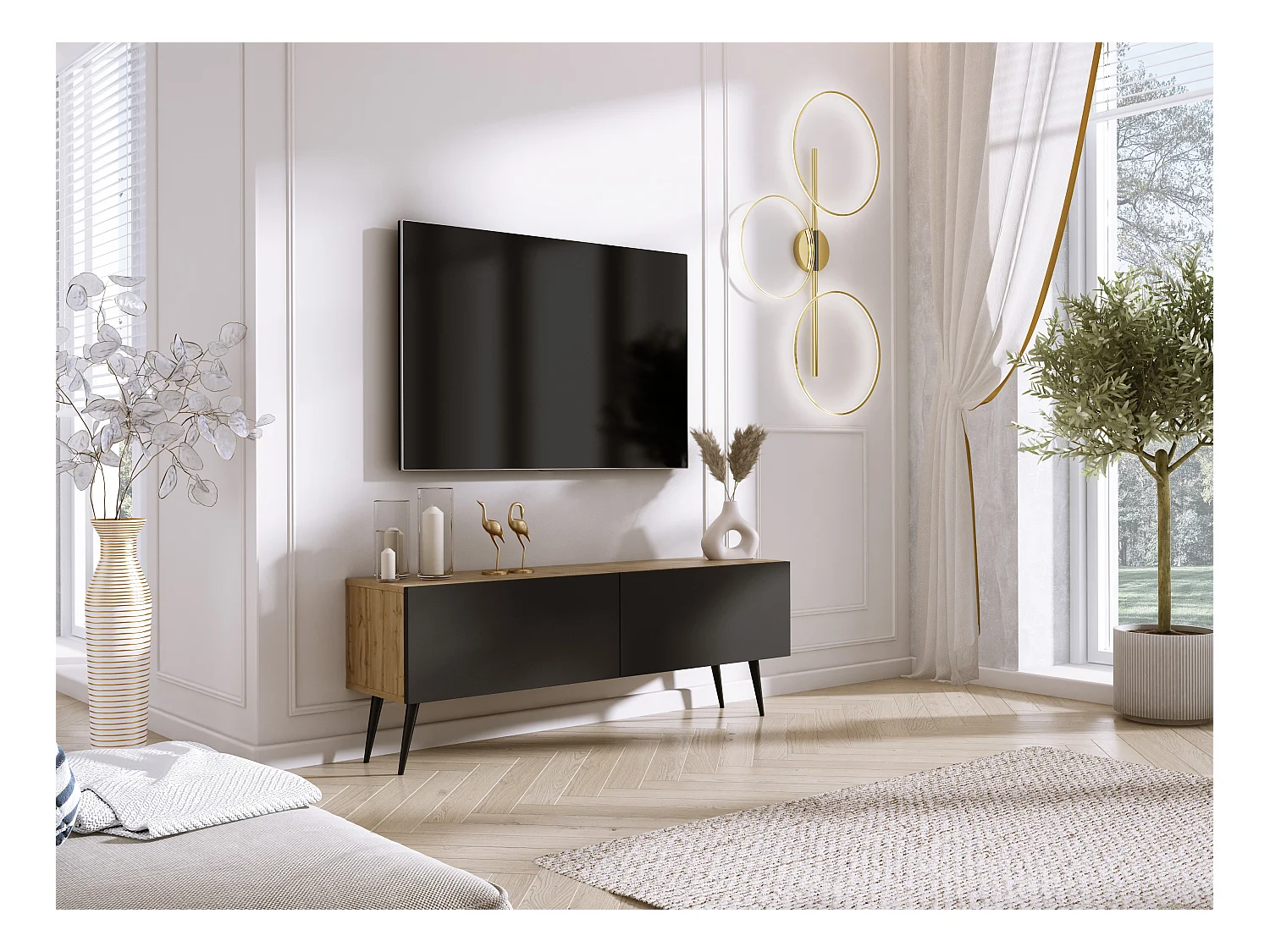 Mueble TV: Roble Wotan / Negro mate, patas negras, 140 x 52 x 32 cm