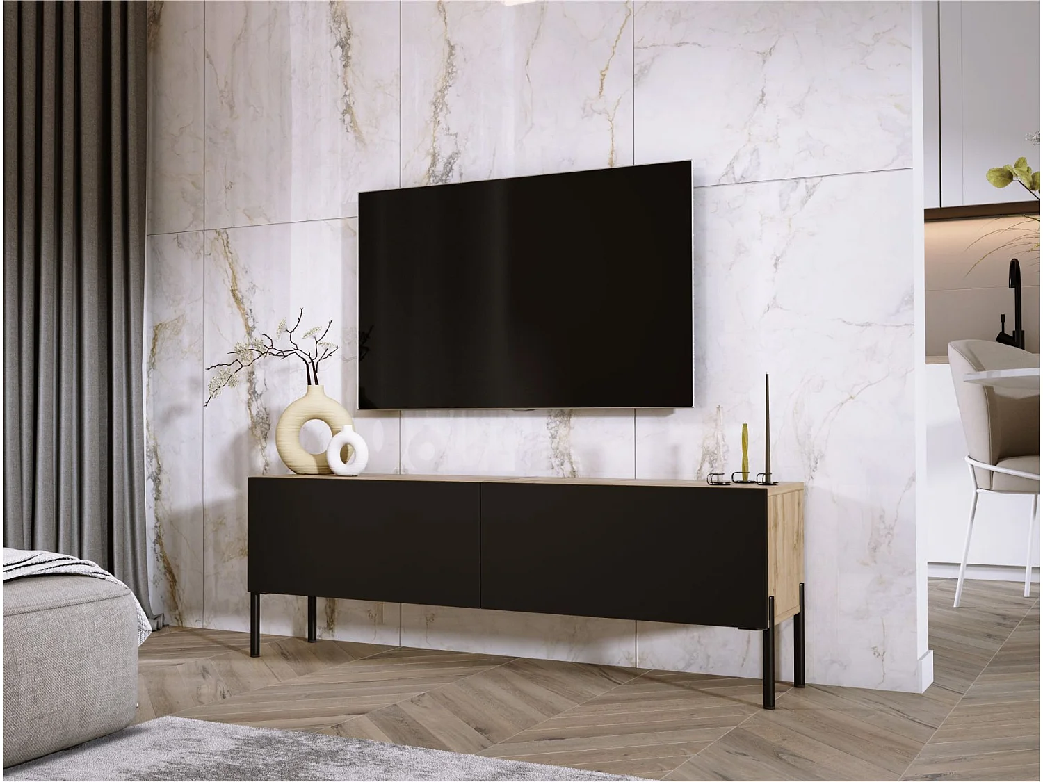 TV-Schrank: Wotan-Eiche / Mattschwarz, schwarze Beine, 140 x 52 x 32 cm