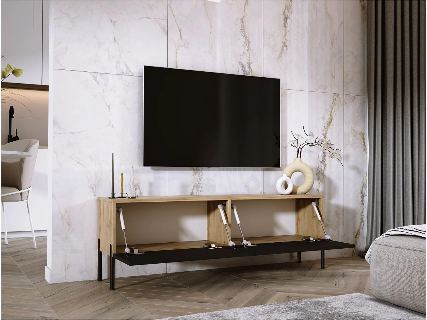 TV-Schrank: Wotan-Eiche / Mattschwarz, schwarze Beine, 140 x 52 x 32 cm