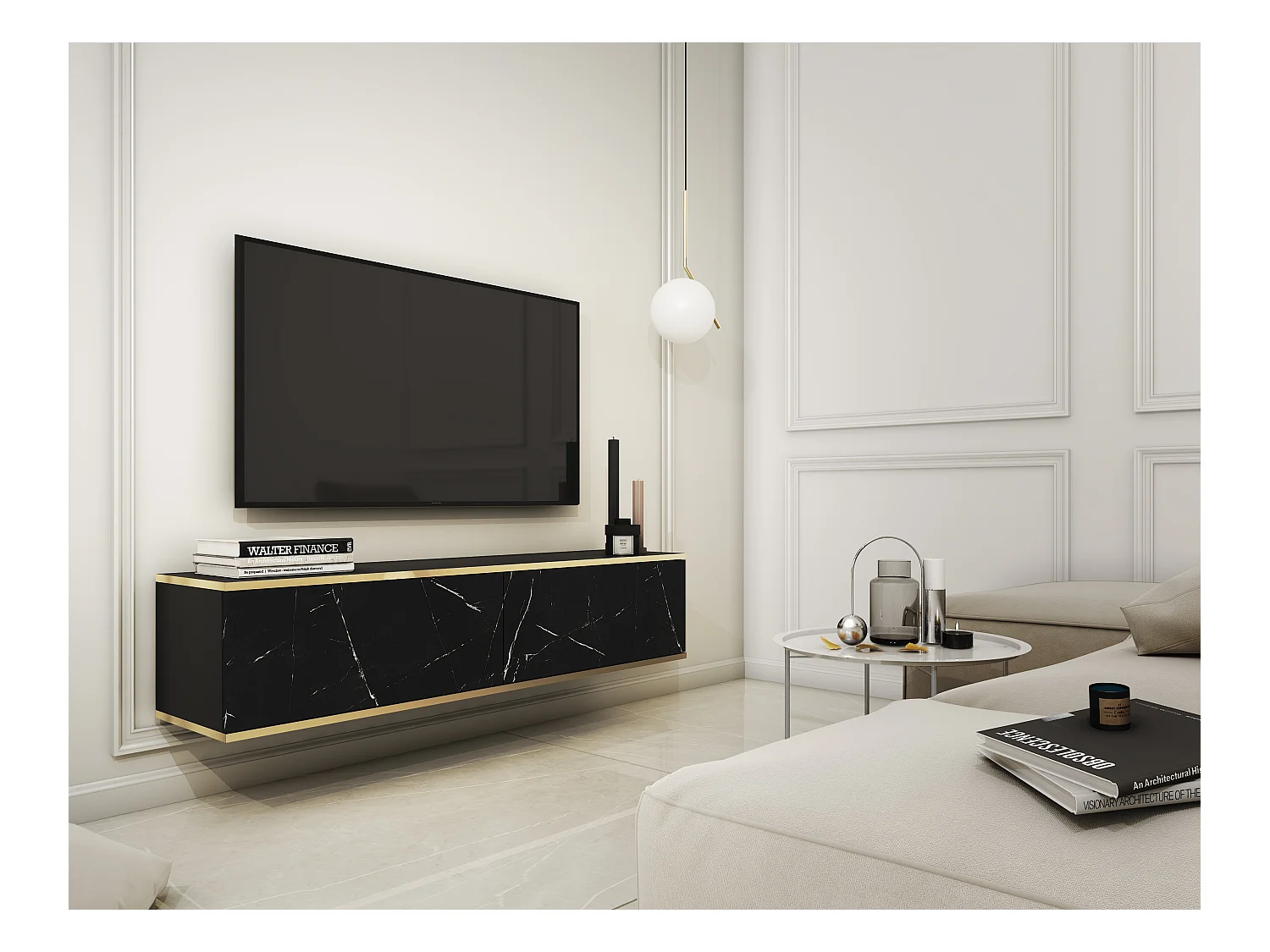 Meuble TV, Noir Mat / Noir royal marbre, 135 x 30 x 32 cm, Push to Open