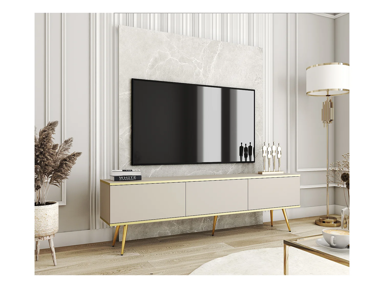 Meuble TV, Beige, pieds Or, 175 x 30 x 52 cm, Push to Open