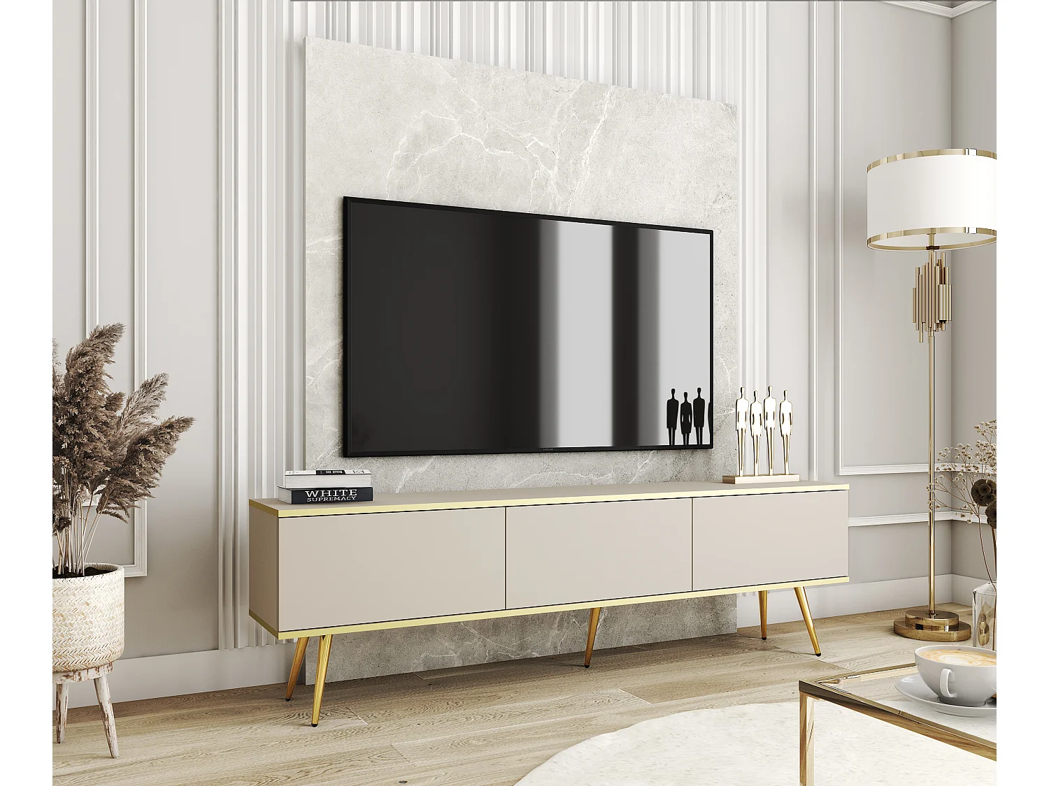 Meuble TV, Beige, pieds Or, 175 x 30 x 52 cm, Push to Open