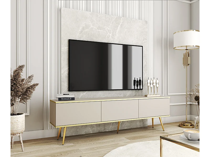 Meuble TV, Beige, pieds Or, 175 x 30 x 52 cm, Push to Open