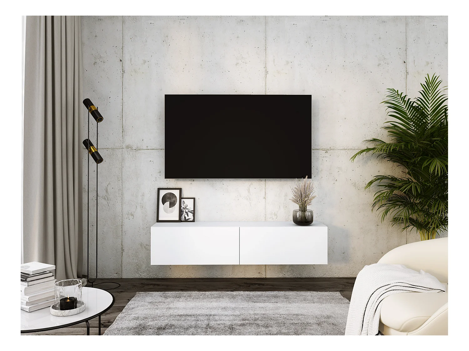 Meuble TV Suspendu, 140 x 34 x 32 cm, Blanc