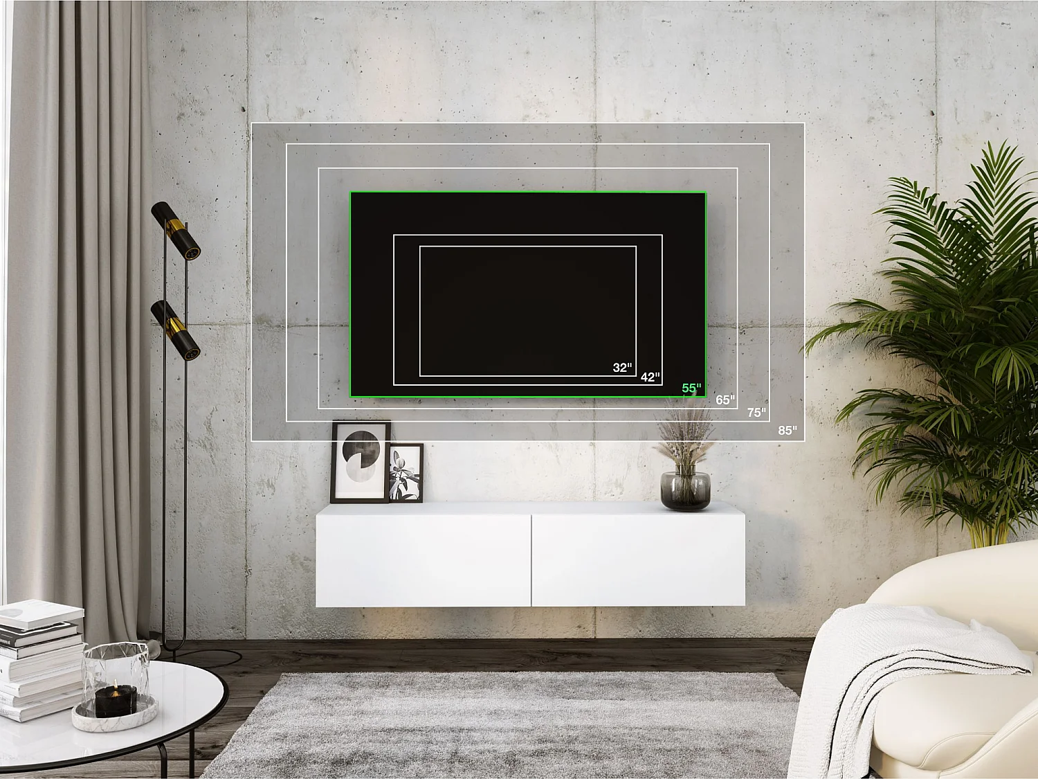 Wall-mounted TV, 140 x 34 x 32 cm, White