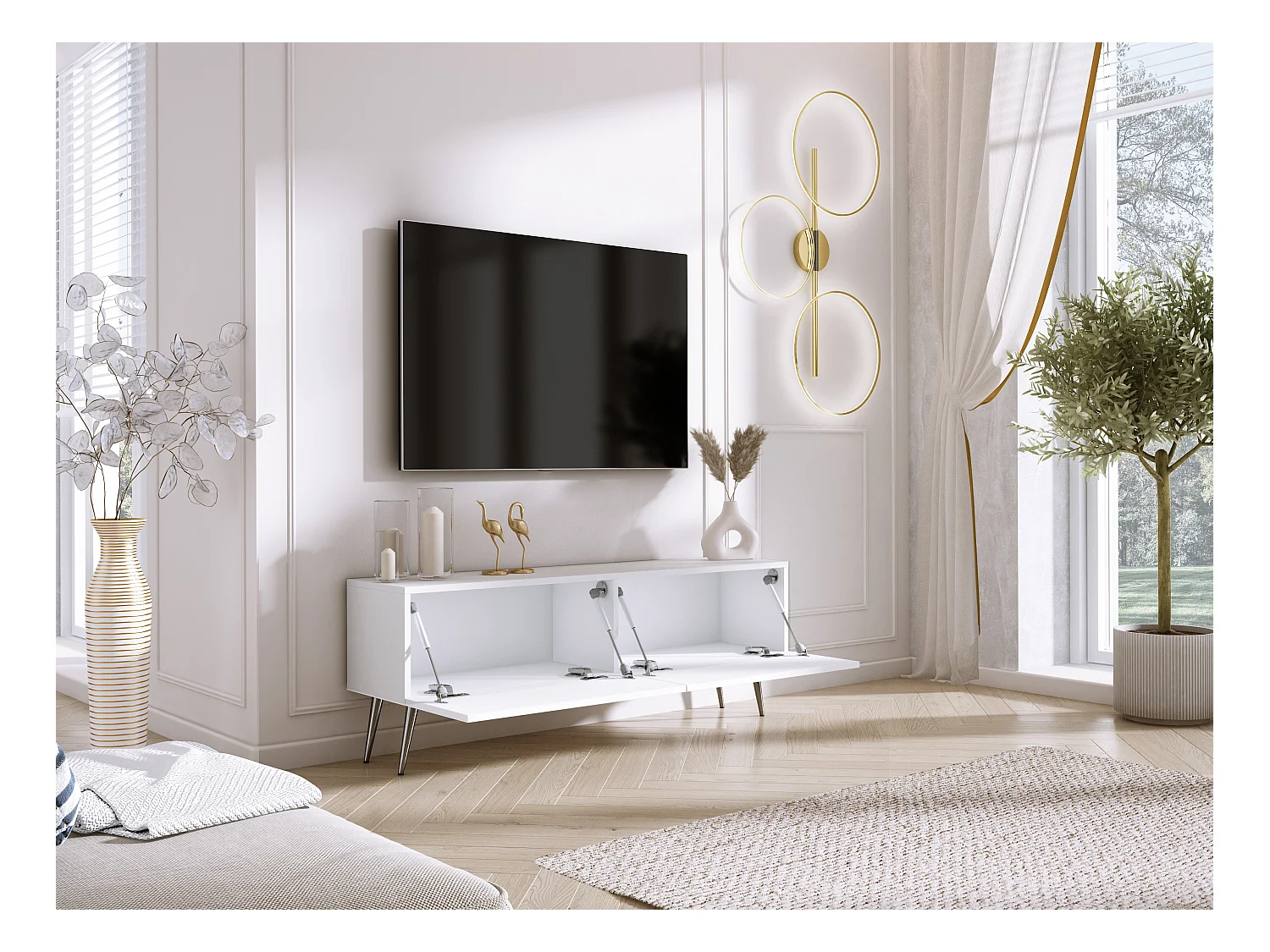 Mueble TV: Blanco Mate, Patas Cromadas, 140 x 52 x 32 cm