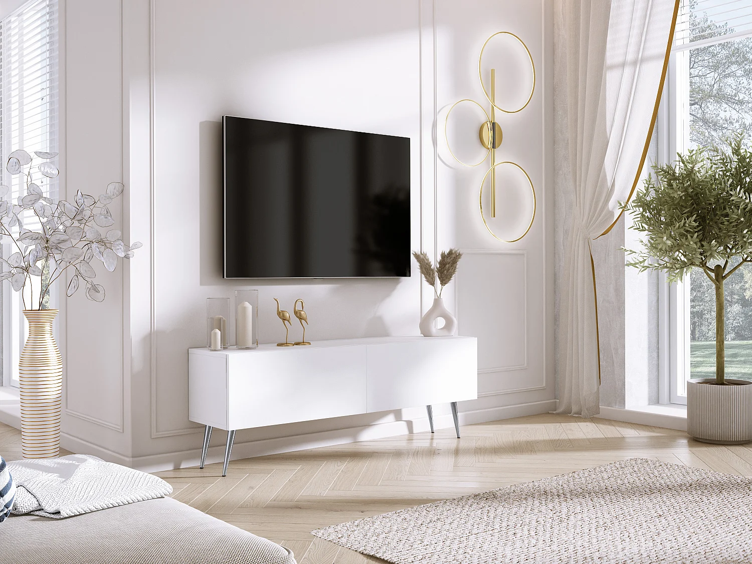 Meuble TV : Blanc Mat, pieds Chrome, 140 x 52 x 32 cm