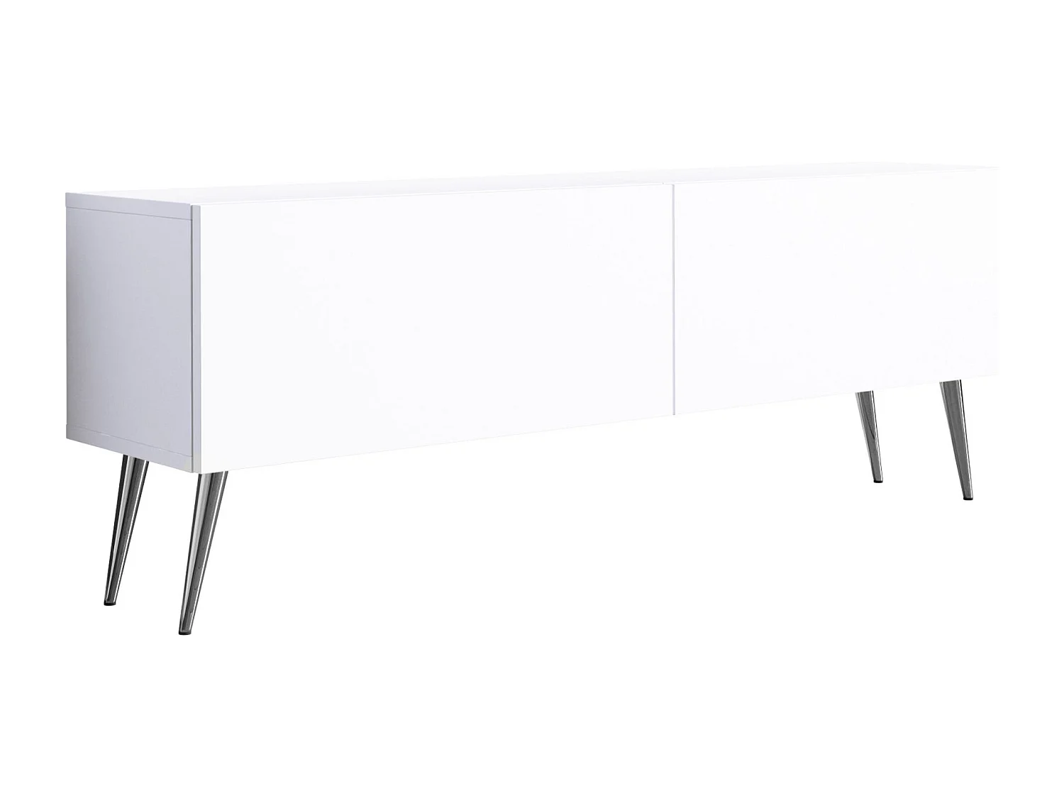 Meuble TV : Blanc Mat, pieds Chrome, 140 x 52 x 32 cm