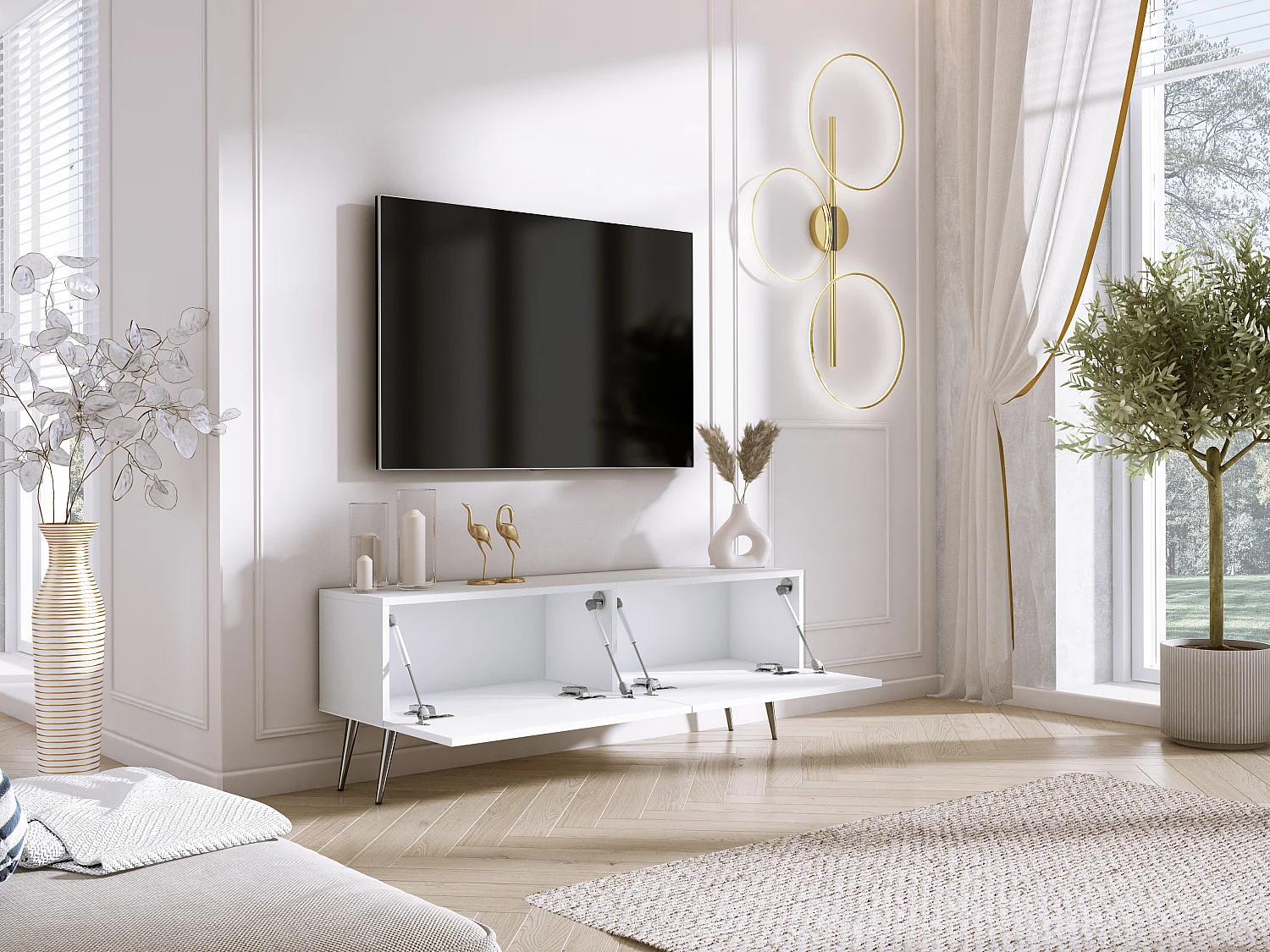 Meuble TV : Blanc Mat, pieds Chrome, 140 x 52 x 32 cm