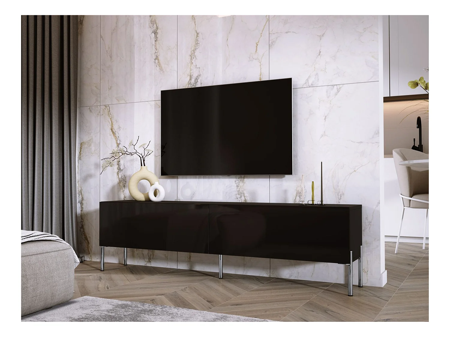 TV-Schrank: Mattschwarz, Chrombeine, 170 x 52 x 32 cm