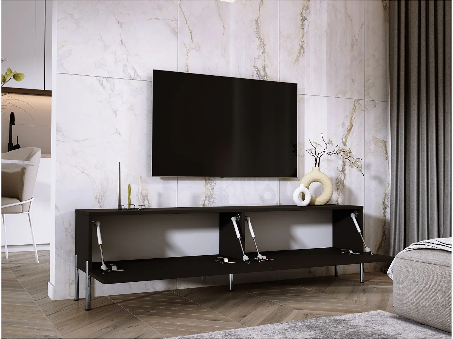 Meuble TV : Noir Mat, pieds Chrome, 170 x 52 x 32 cm