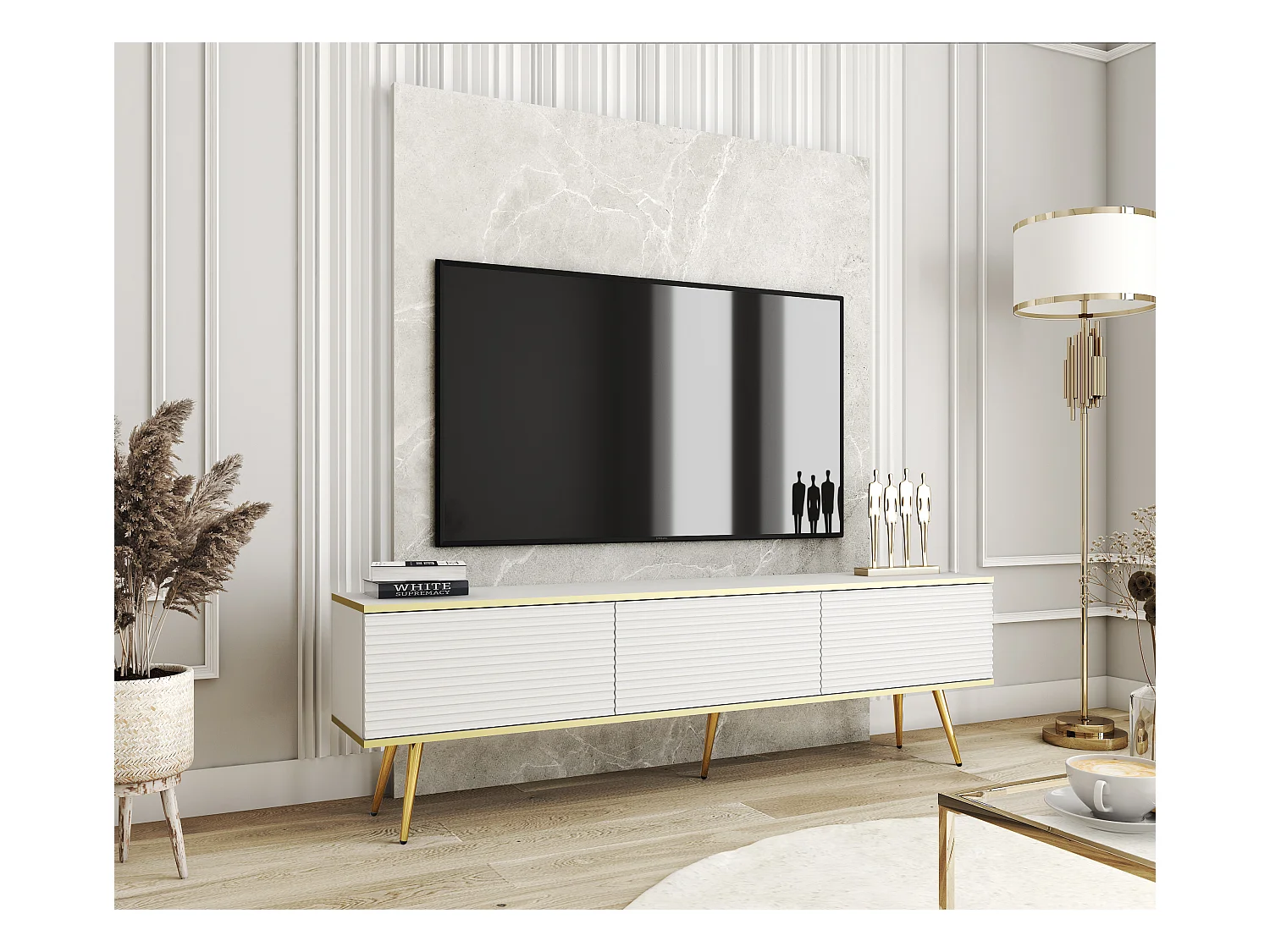 Meuble TV Avec Lamelles Blanc, pieds Or, 135 x 30 x 52 cm, Push to Open
