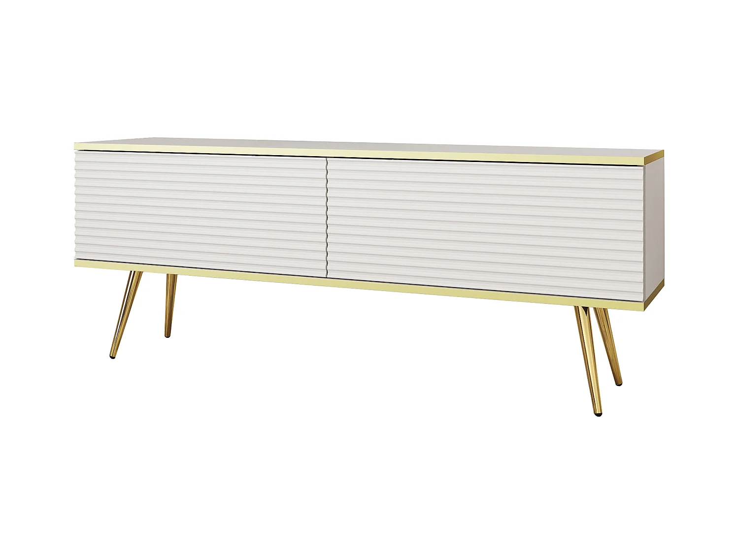 Meuble TV Avec Lamelles Blanc, pieds Or, 135 x 30 x 52 cm, Push to Open