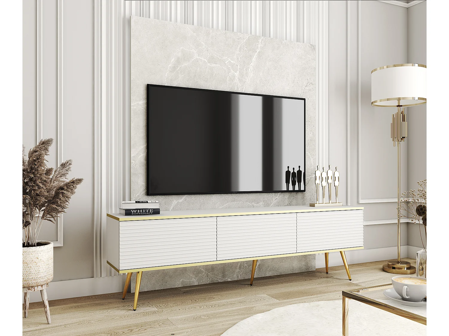 Meuble TV Avec Lamelles Blanc, pieds Or, 135 x 30 x 52 cm, Push to Open
