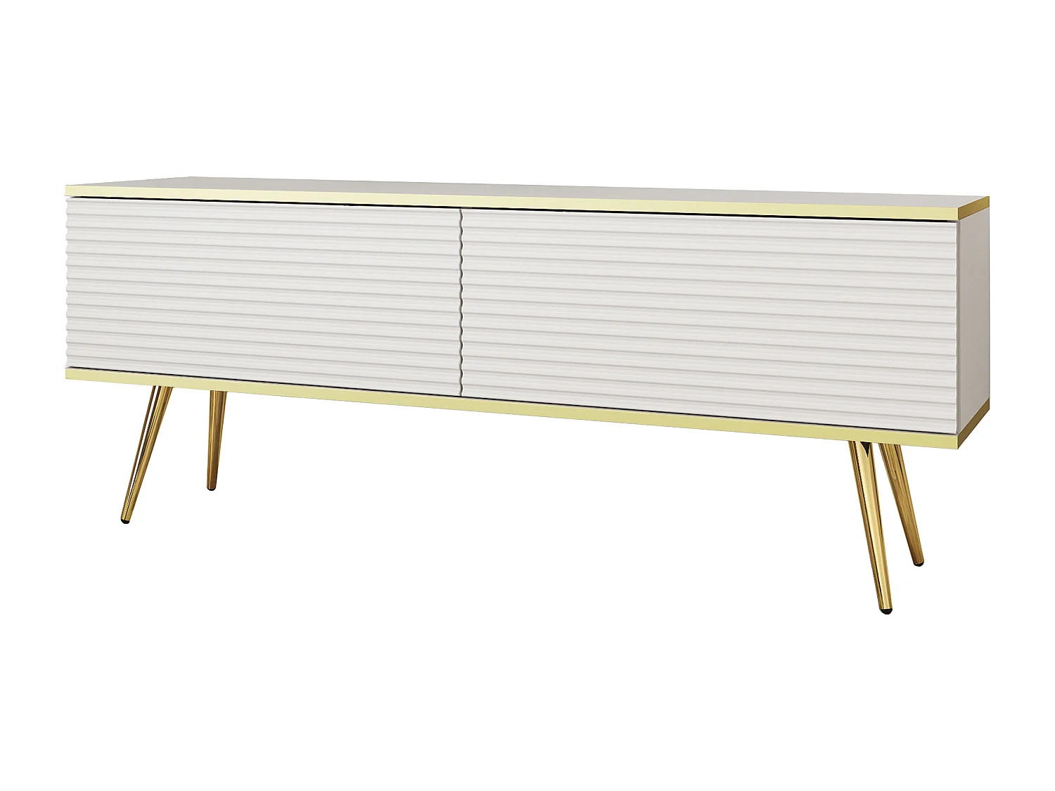 Meuble TV Avec Lamelles Blanc, pieds Or, 135 x 30 x 52 cm, Push to Open