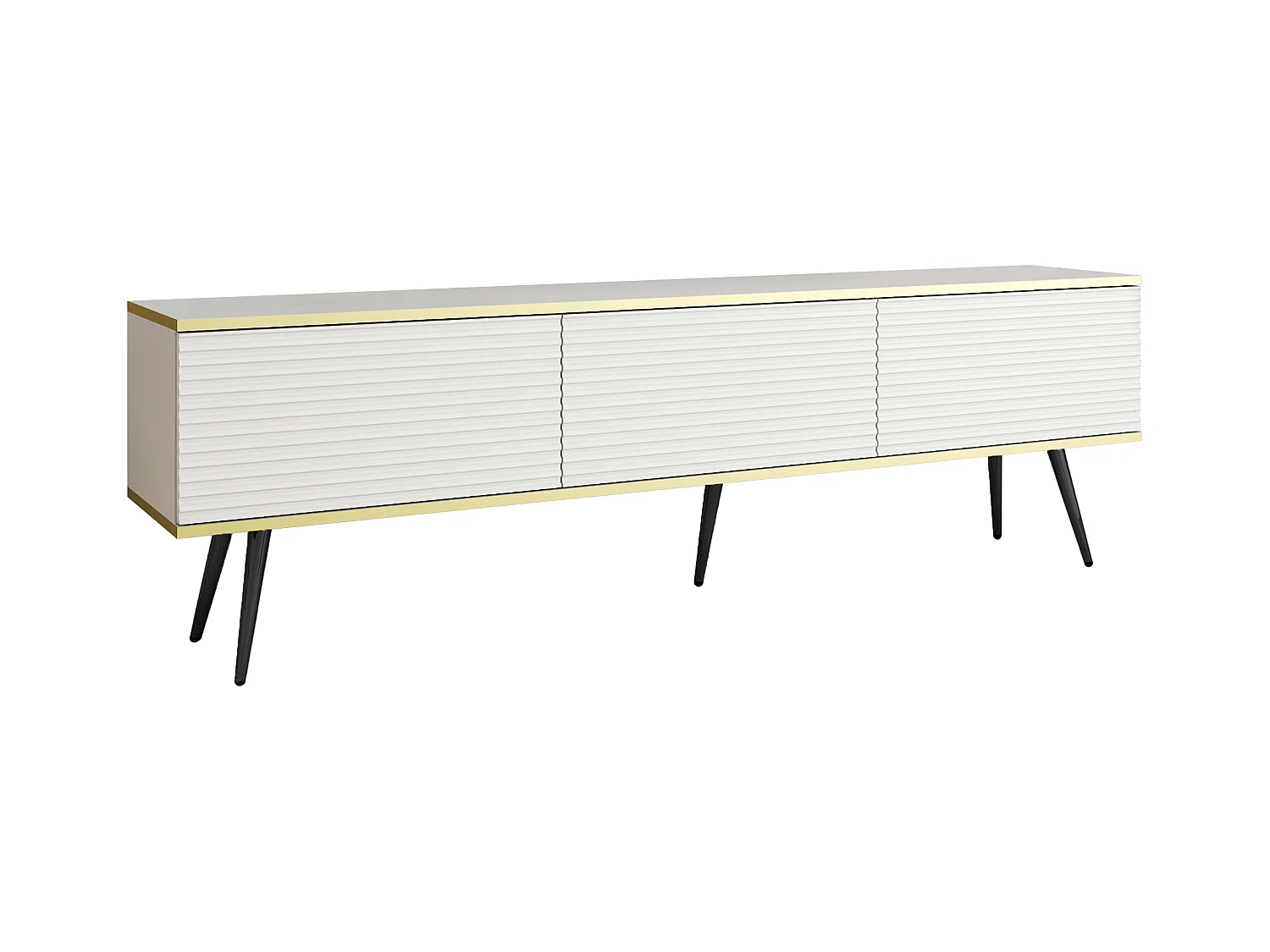 Meuble TV Avec Lamelles Blanc, pieds Noir, 175 x 30 x 52 cm, Push to Open