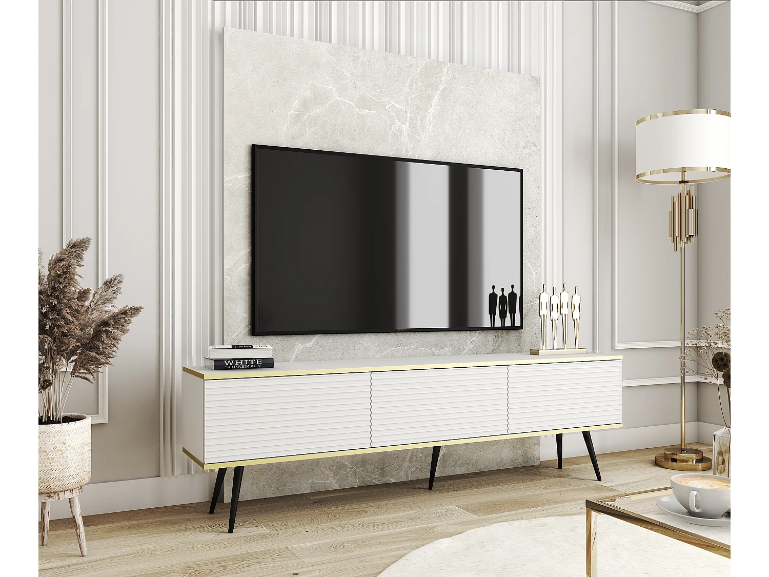 Meuble TV Avec Lamelles Blanc, pieds Noir, 175 x 30 x 52 cm, Push to Open