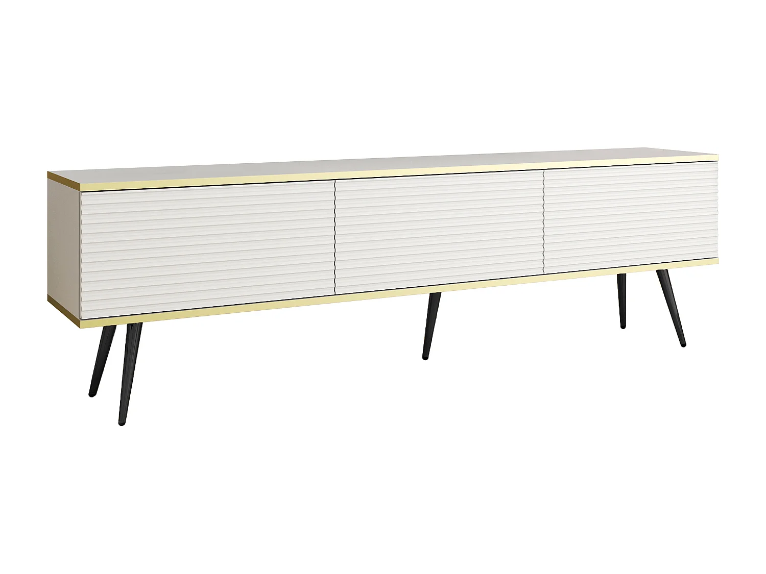 Meuble TV Avec Lamelles Blanc, pieds Noir, 175 x 30 x 52 cm, Push to Open