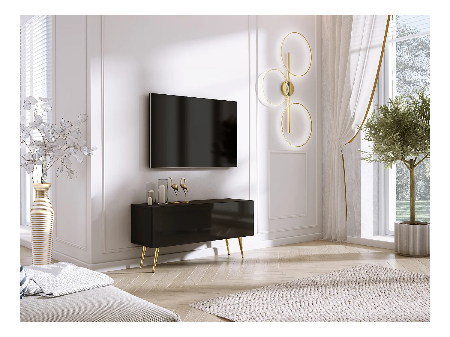 Meuble TV : Noir Mat/Noir Brillant, pieds dorées, 100 x 52 x 32 cm