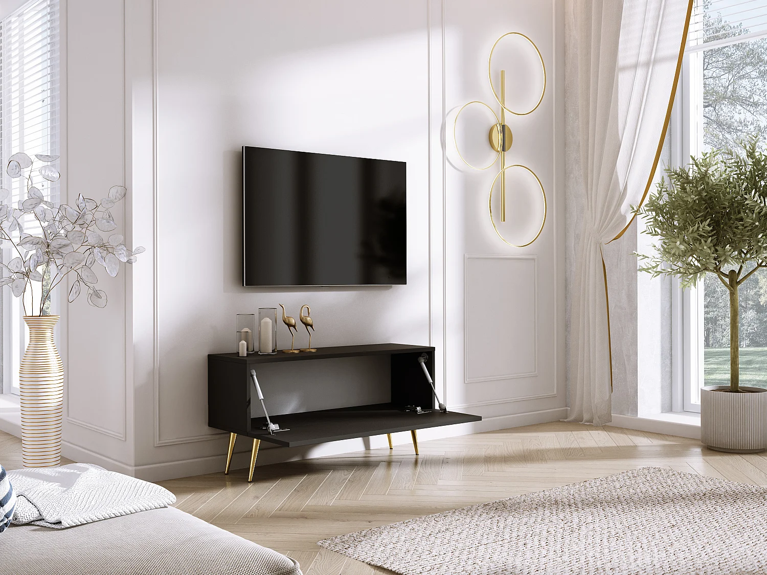 Meuble TV : Noir Mat/Noir Brillant, pieds dorées, 100 x 52 x 32 cm