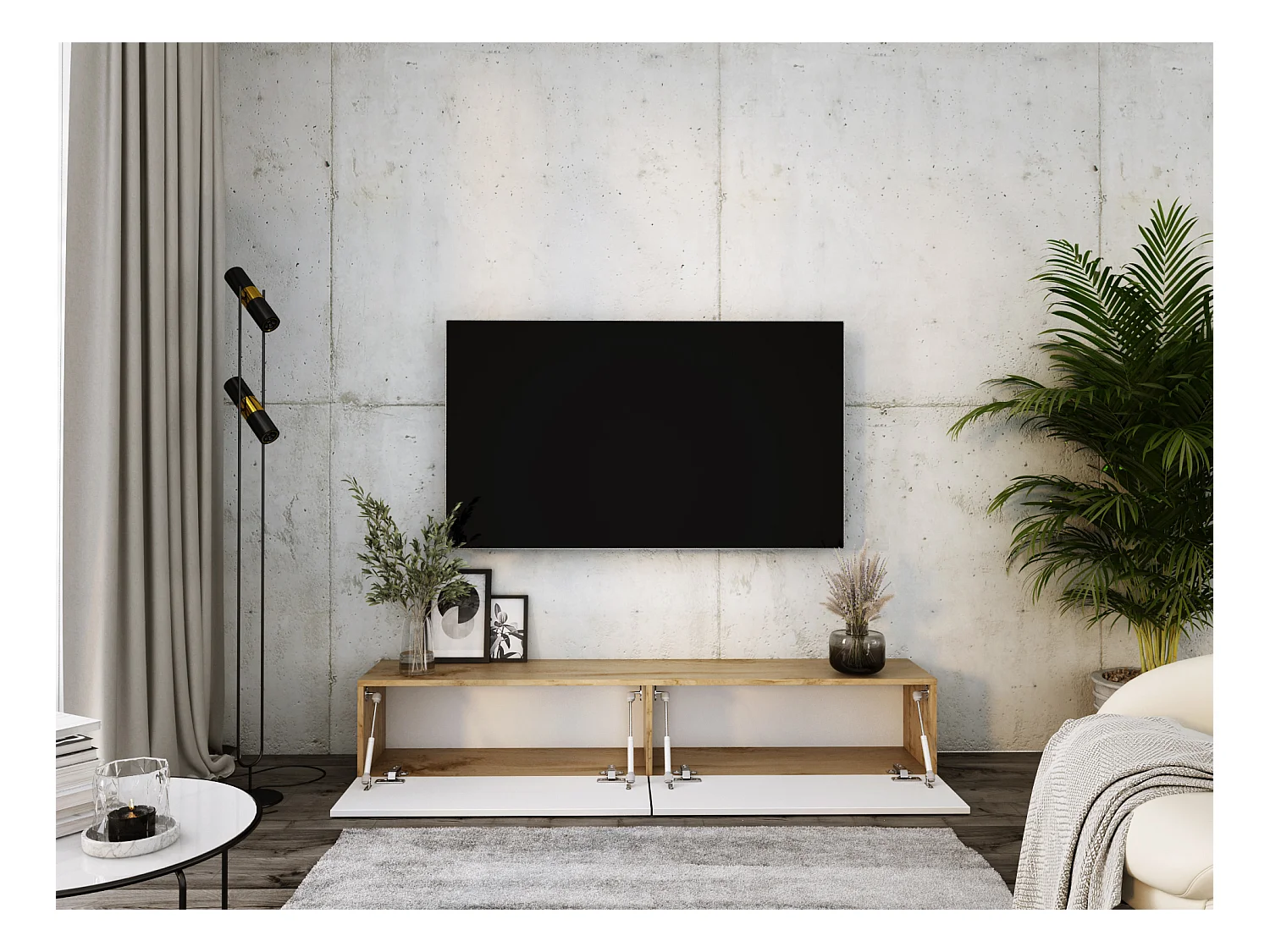 Hängendes TV-Gerät, 170 x 34 x 32 cm, Wotan-Eiche / Weiß glänzend