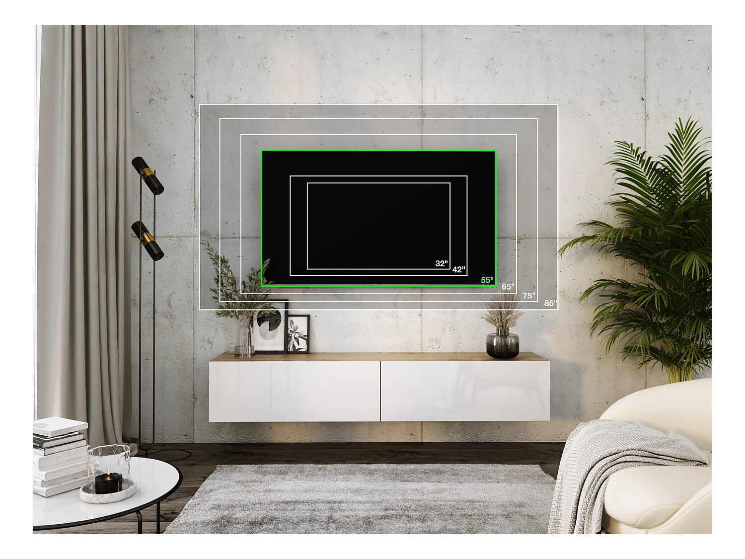 Hängendes TV-Gerät, 170 x 34 x 32 cm, Wotan-Eiche / Weiß glänzend