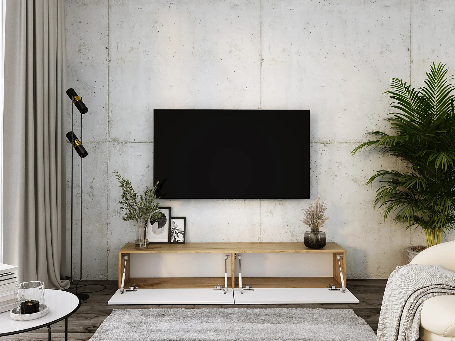 Zawieszana szafka RTV, 170 x 34 x 32 cm, Dąb Wotan / Biały Błyszczący