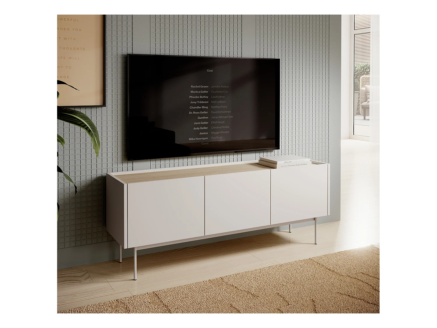 Szafka RTV, korpus i front: Kaszmir, GÓRA: Dąb Linea, 144 x 55 x 37 cm