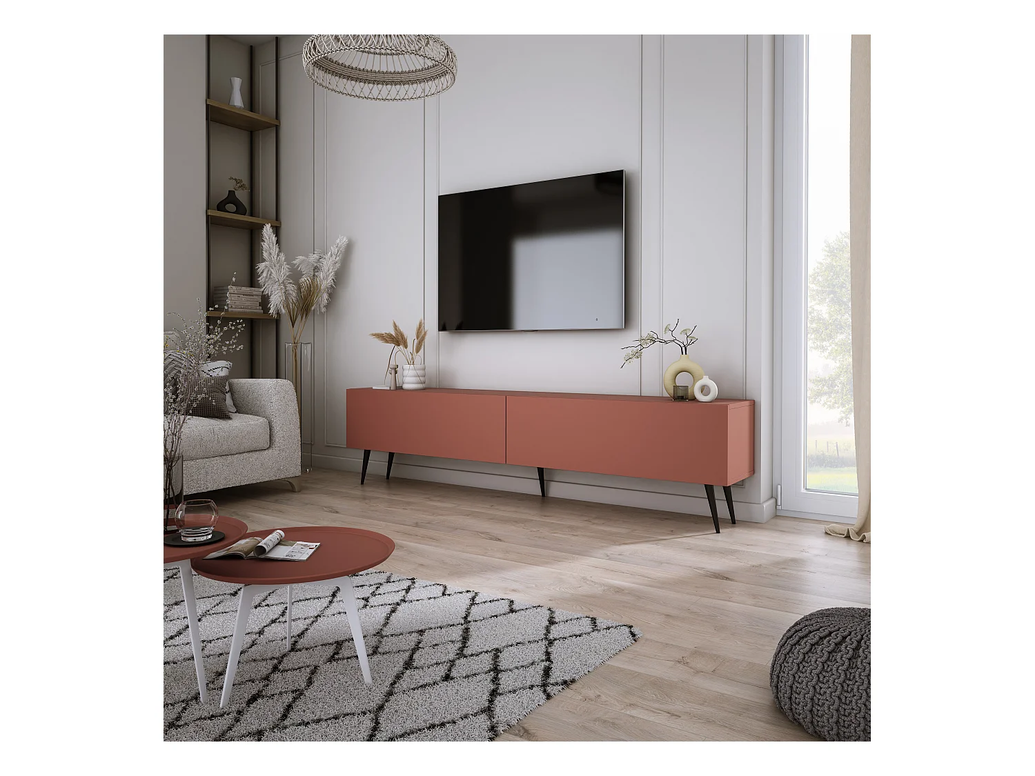 Meuble TV : Rouge Brique, 170 x 52 x 32 cm, pieds noires