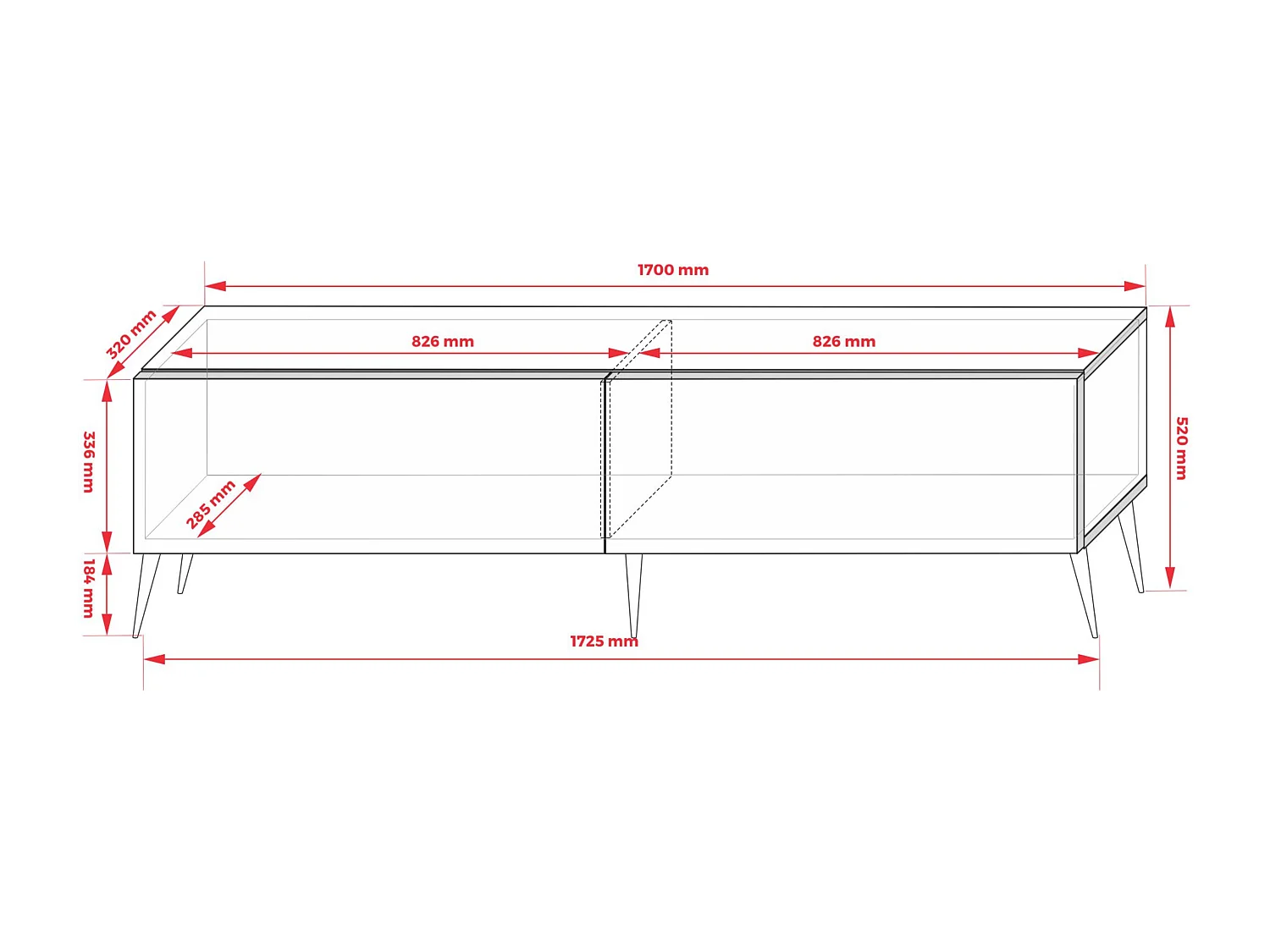 Móvel TV: Vermelho Tijolo, 170 x 52 x 32 cm, pés pretos