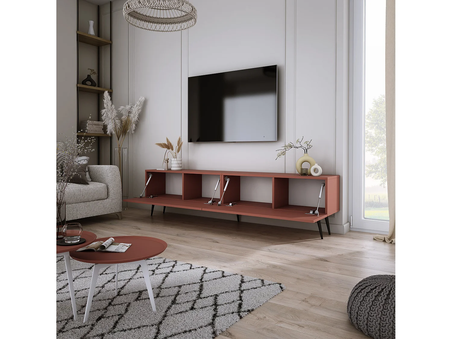 Meuble TV : Rouge Brique, 170 x 52 x 32 cm, pieds noires