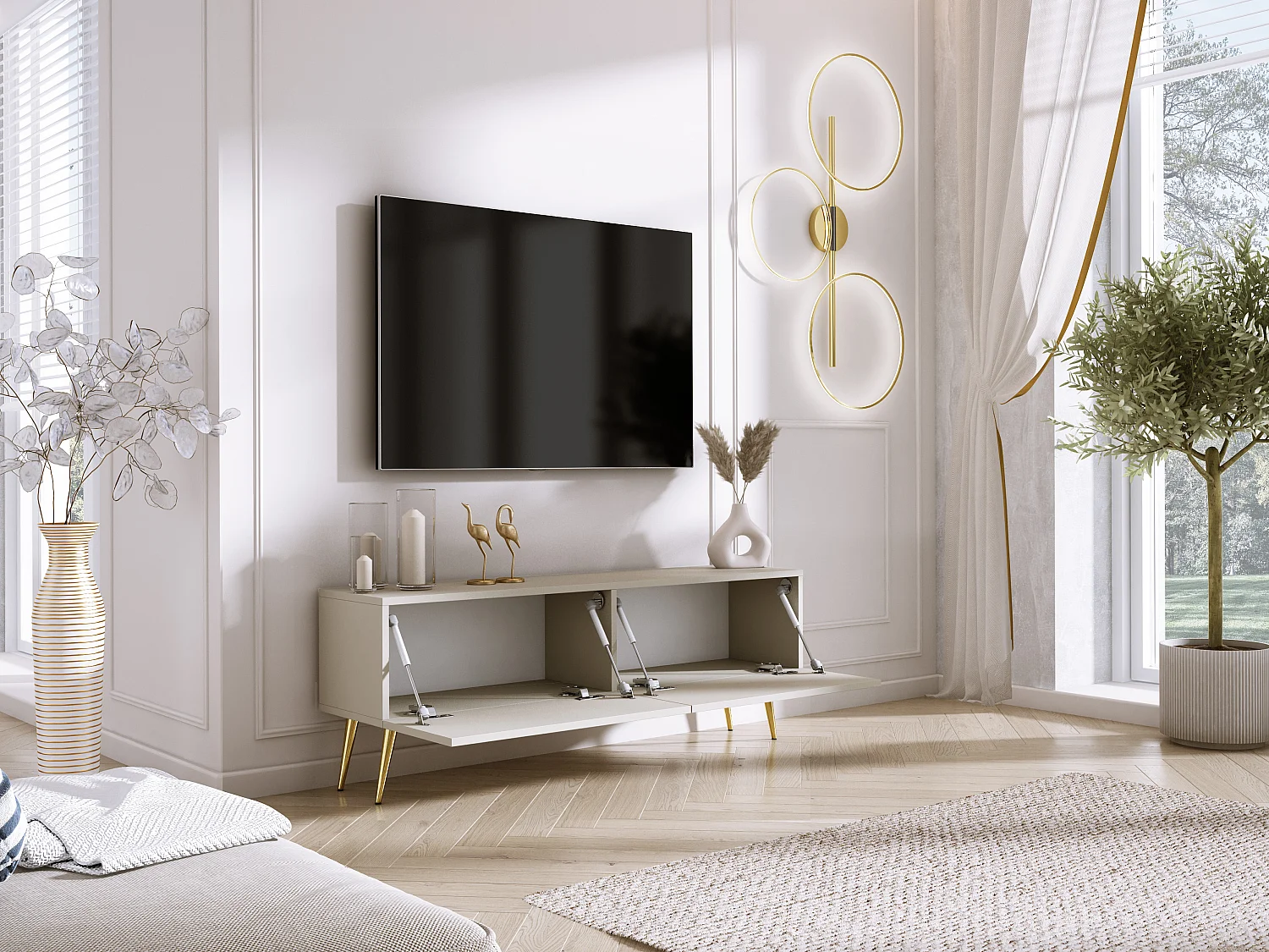 Meuble TV : Cachemire, pieds dorées, 140 x 52 x 32 cm