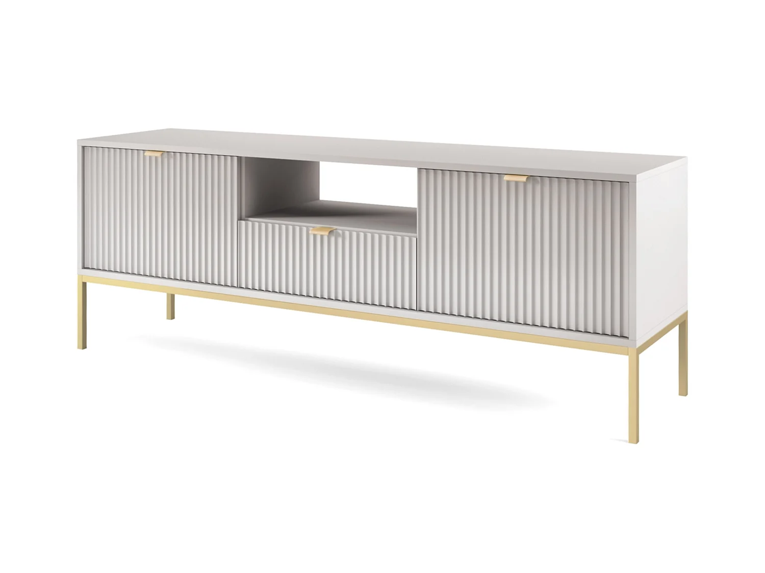 Meuble TV : 1 tiroir, 2 portes, Gris, or, 154 x 56 x 39 cm, poignées dorées