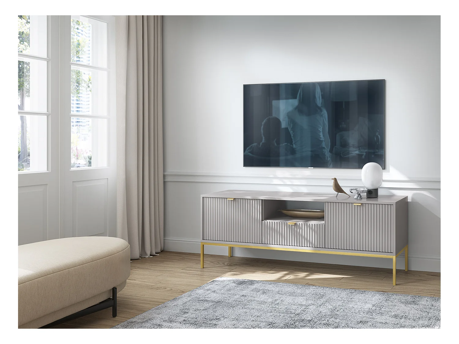 Meuble TV : 1 tiroir, 2 portes, Gris, or, 154 x 56 x 39 cm, poignées dorées