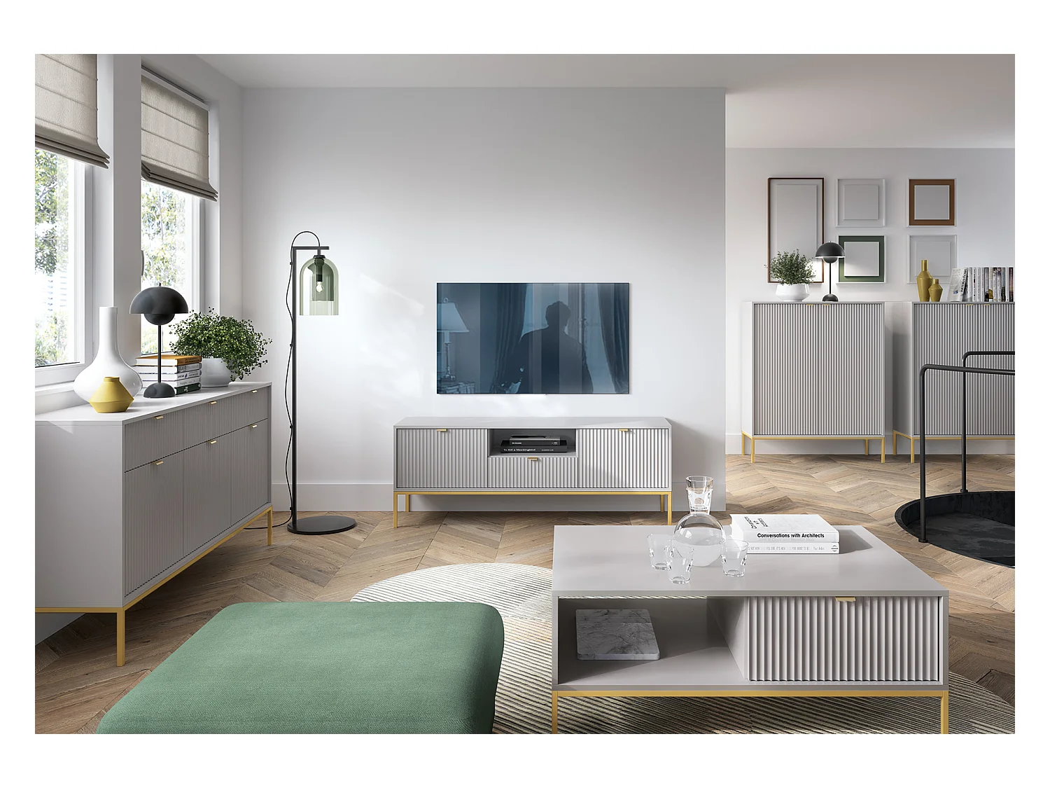 Meuble TV : 1 tiroir, 2 portes, Gris, or, 154 x 56 x 39 cm, poignées dorées