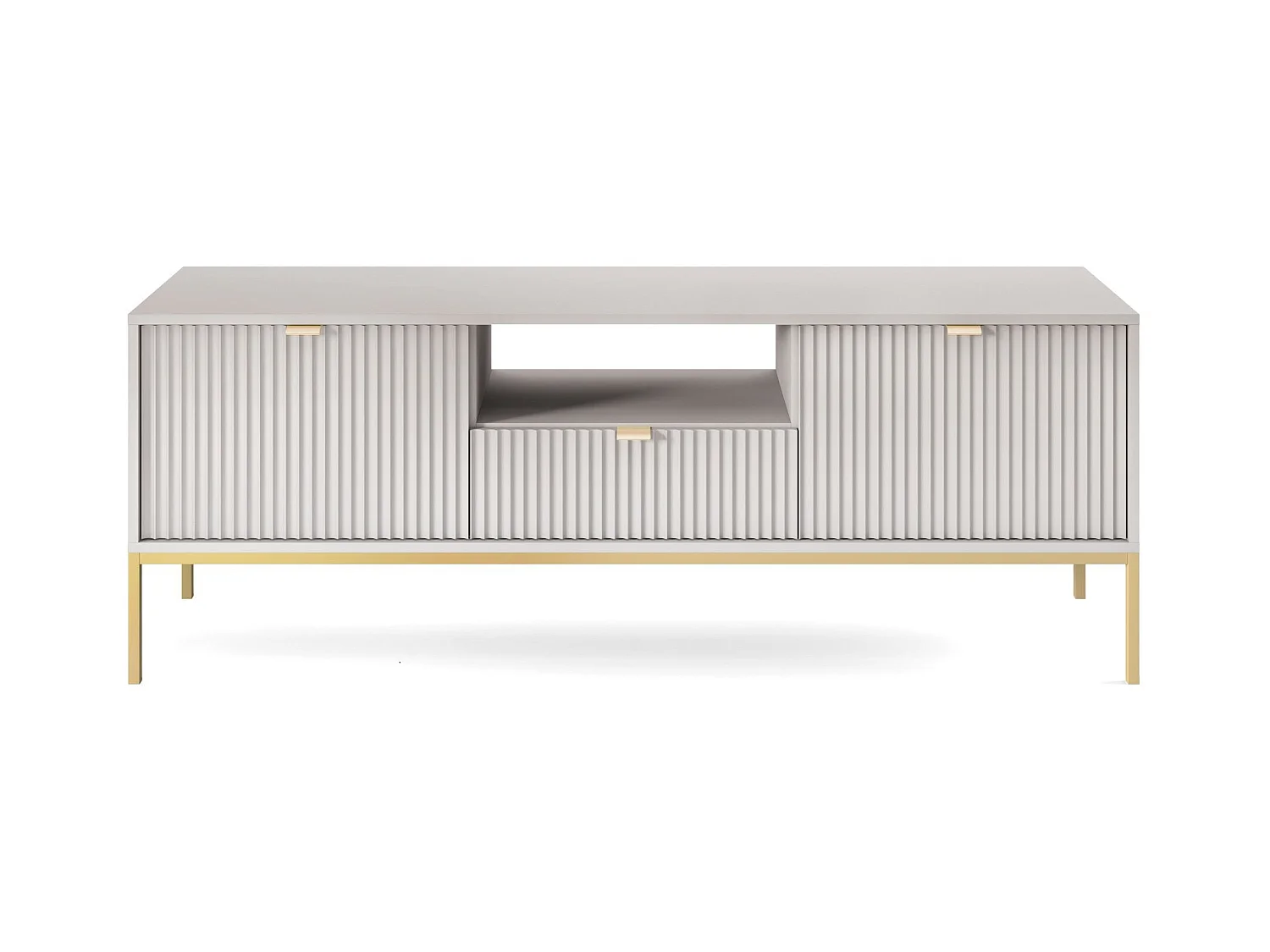 Meuble TV : 1 tiroir, 2 portes, Gris, or, 154 x 56 x 39 cm, poignées dorées