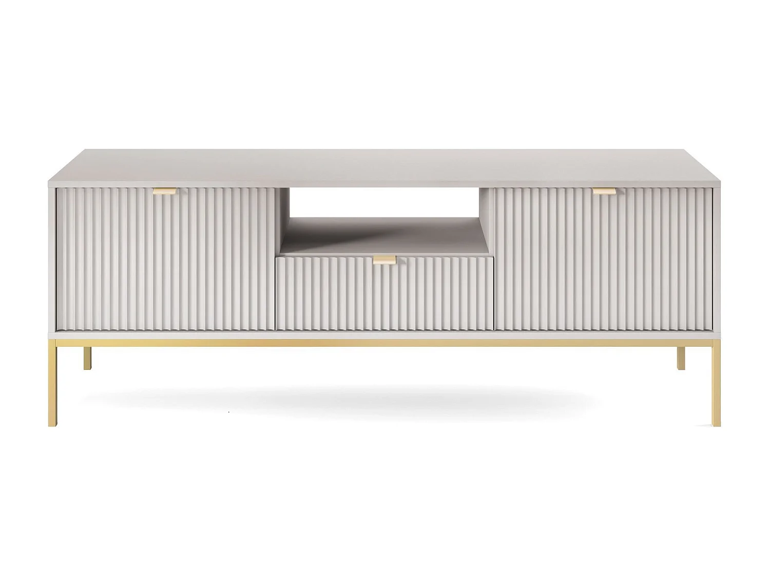 Meuble TV : 1 tiroir, 2 portes, Gris, or, 154 x 56 x 39 cm, poignées dorées