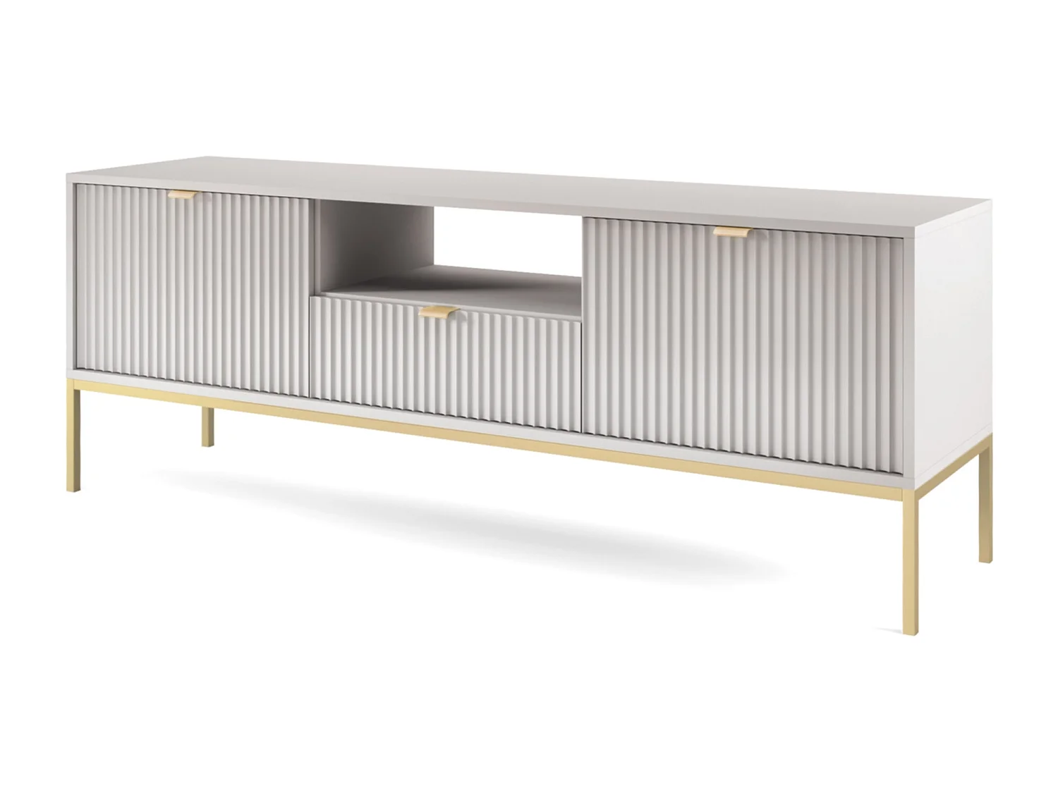 Meuble TV : 1 tiroir, 2 portes, Gris, or, 154 x 56 x 39 cm, poignées dorées