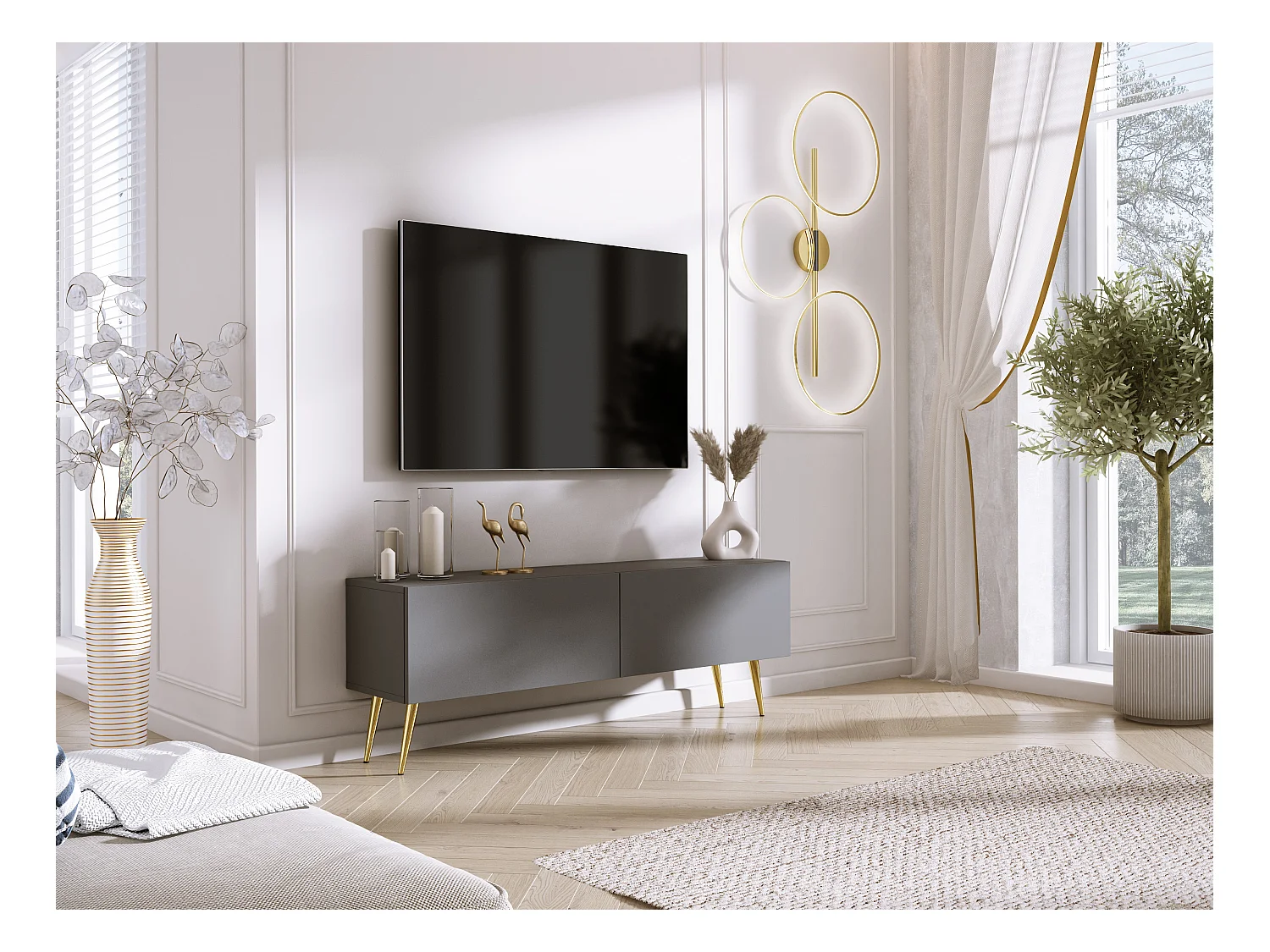 Meuble TV : Anthracite, pieds dorées, 140 x 52 x 32 cm